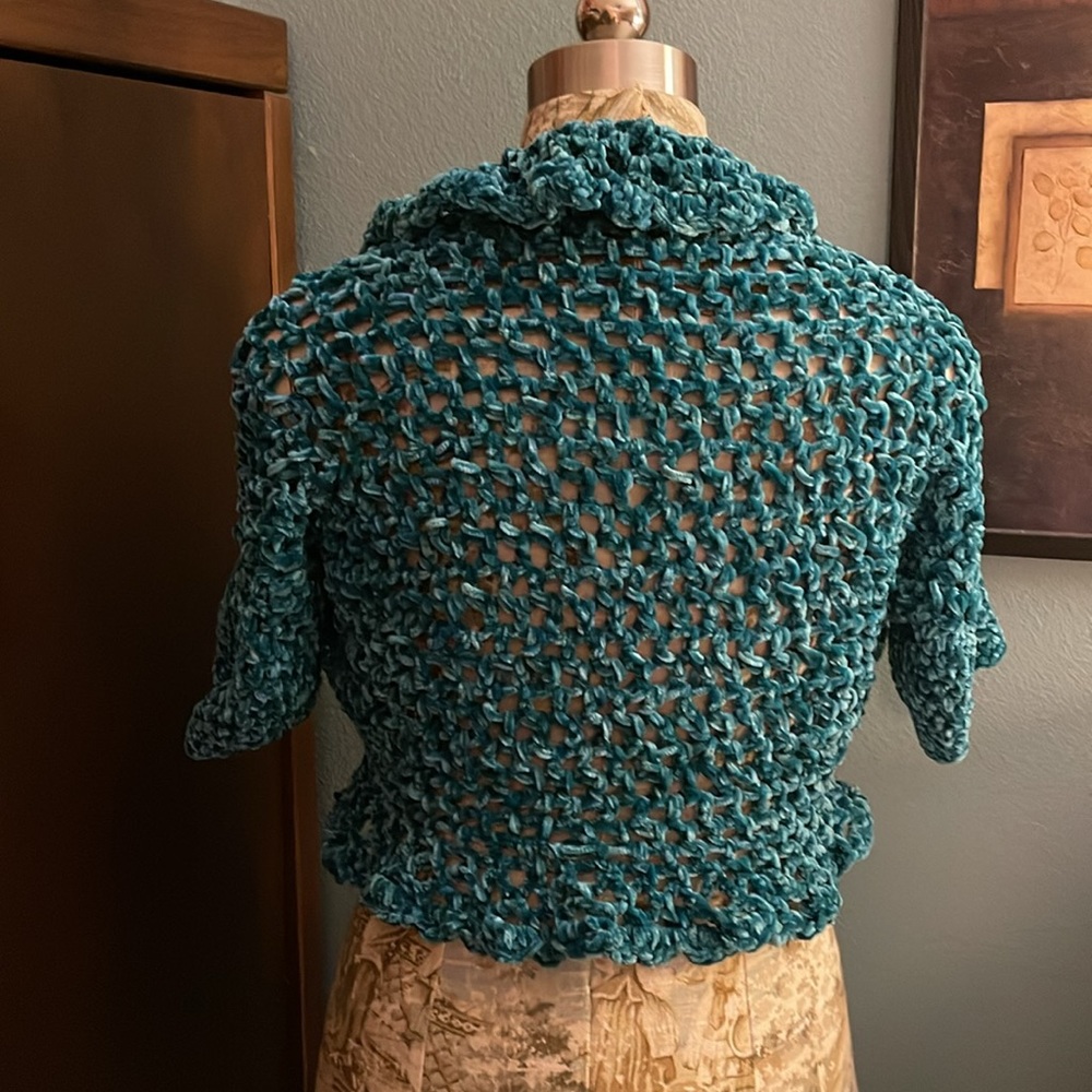 Teal Open-Knit Chenille Women's Sweater Shrug - Picture 2 of 4